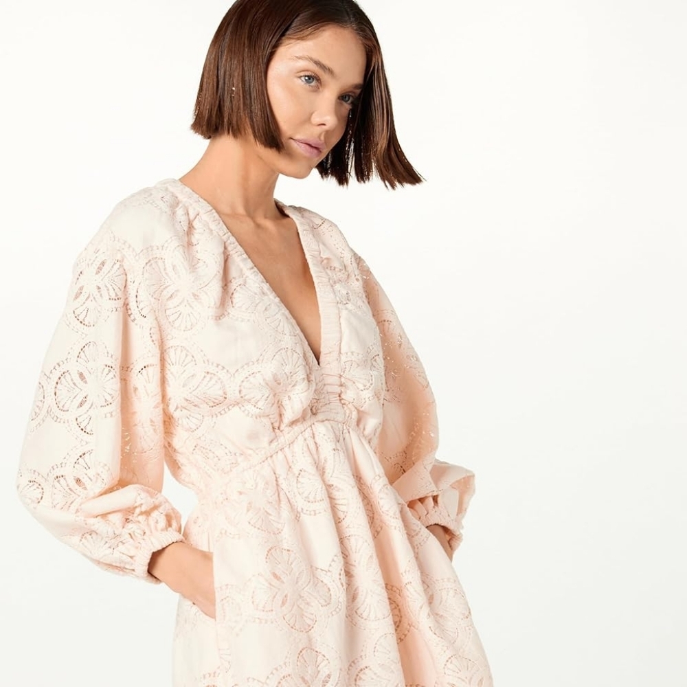 The Drop Women's Long Sleeve Crochet Lace Deep V-Neck Short Romper